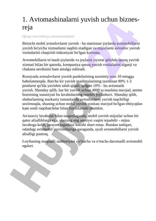 Avtomashinalarni yuvish biznes-rejasi taqdimoti
