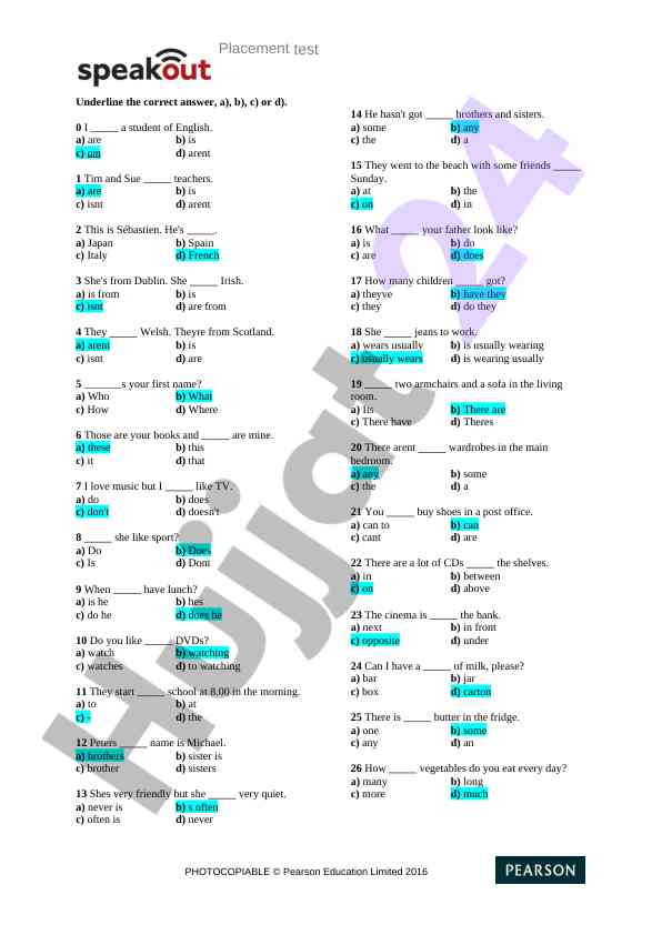 Basic english test for students with questions