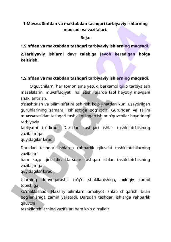 Sinfdan va maktabdan tashqari tarbiyaviy ishlar