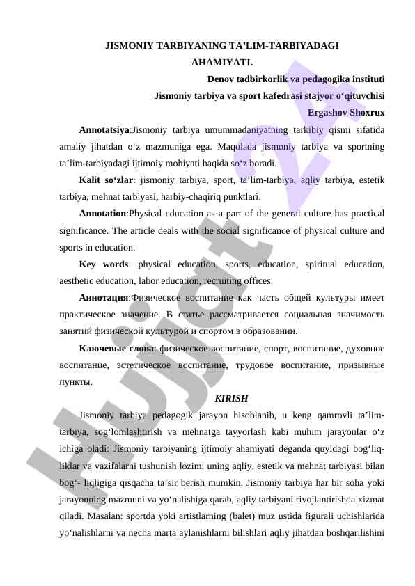 Jismoniy tarbiyaning ta’lim-tarbiyadagi ahamiyati