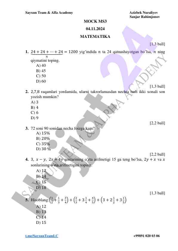 Matematika testi 2024 yil uchun