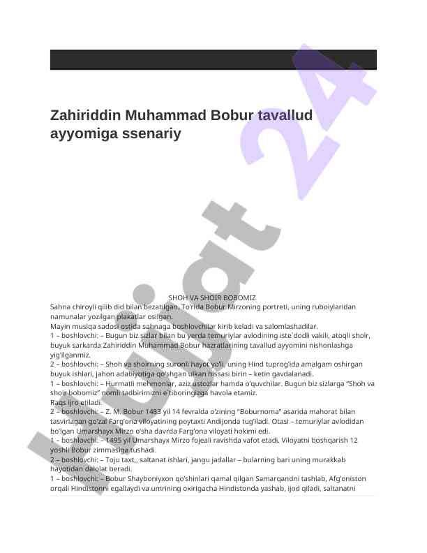 Zahiriddin muhammad bobur tavallud ayyomi tadbiri