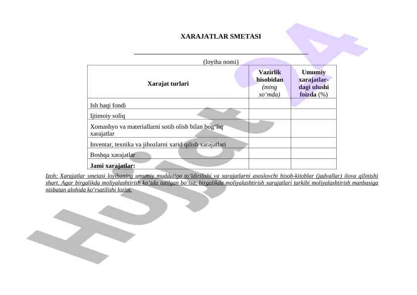 Xarajatlar smetasi va biznes-reja talablari
