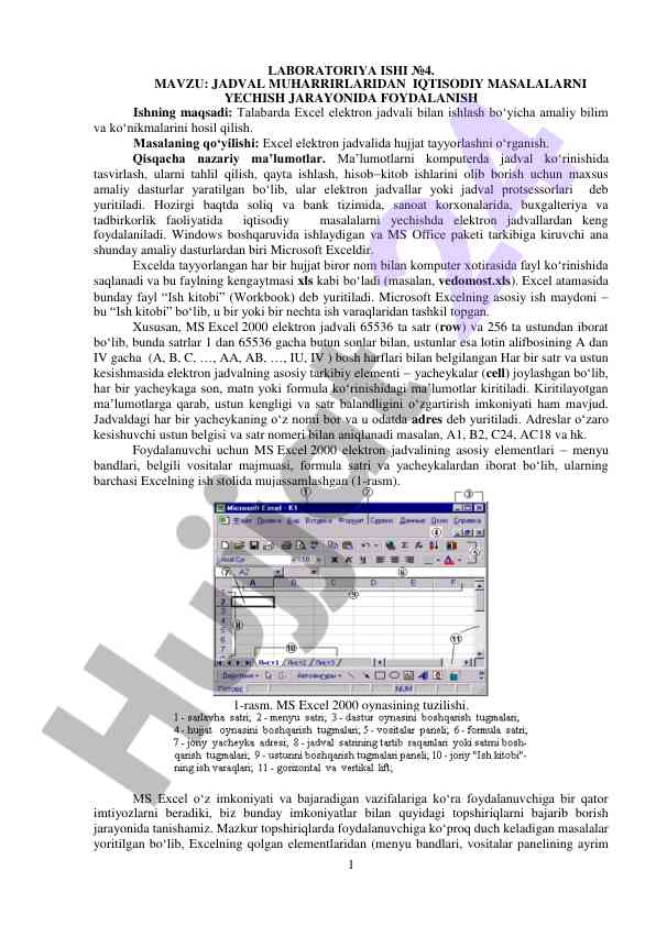 Excel elektron jadvali bilan ishlash bo‘yicha laboratoriya