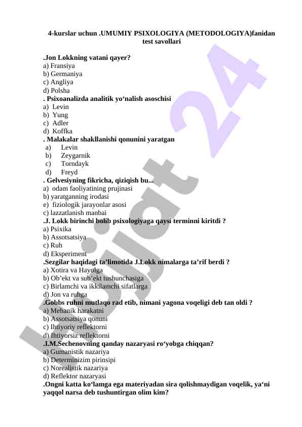 Umumiy psixologiya test savollari