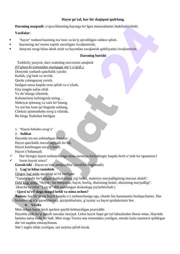 O‘quvchilar uchun hayot tushunchasi dars ishlanmasi