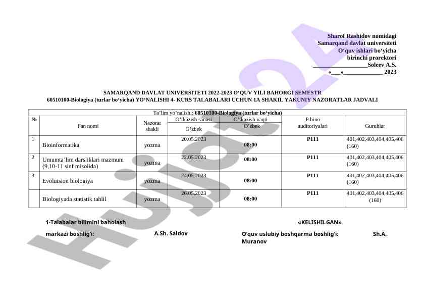 4-kurs talabalari uchun yakuniy nazoratlar jadvali