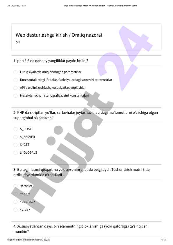 Web dasturlashga kirish oraliq nazorat savollari