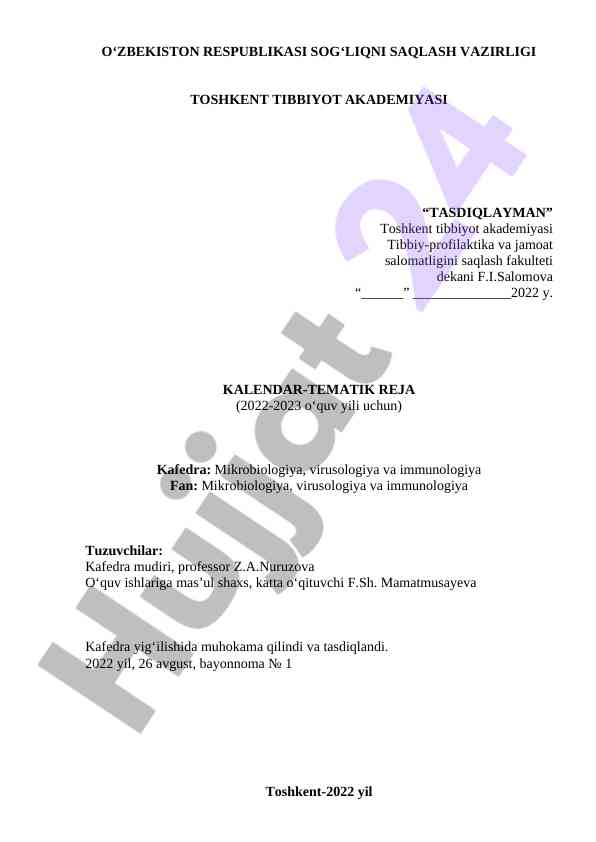 Kalendarny tematik reja 2022-2023 o‘quv yili