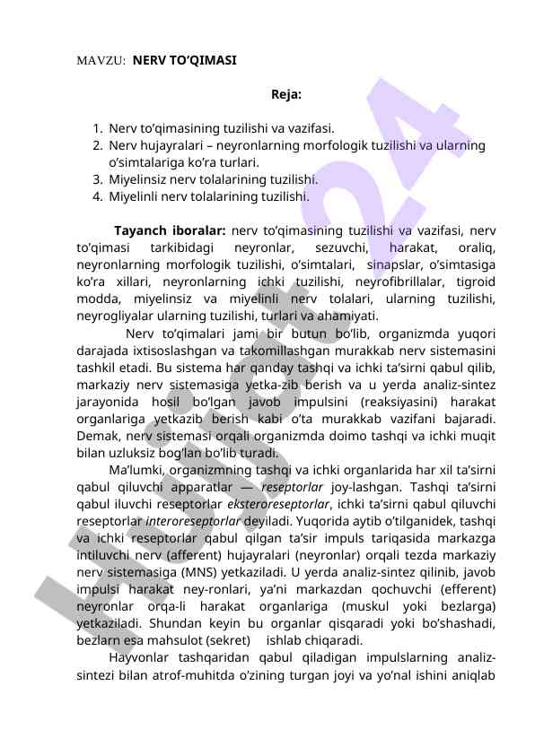 Nerv to‘qimasi tuzilishi va vazifalari