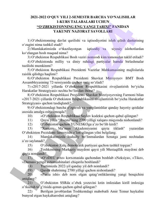 O‘zbekistonda iqtisodiy islohotlar test savollari