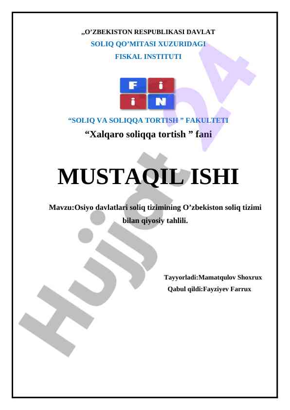 Osiyo davlatlari soliq tizimlarining qiyosiy tahlili
