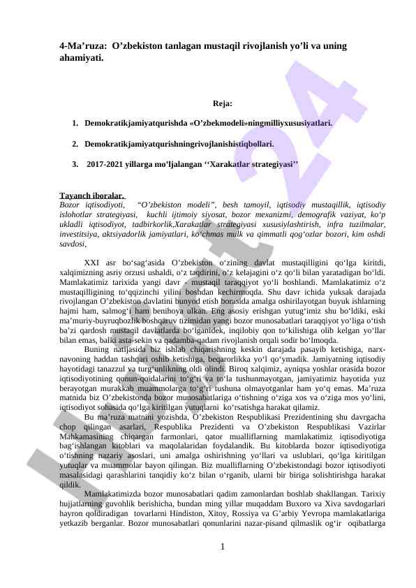 O’zbekiston mustaqil rivojlanish yo’li ahamiyati