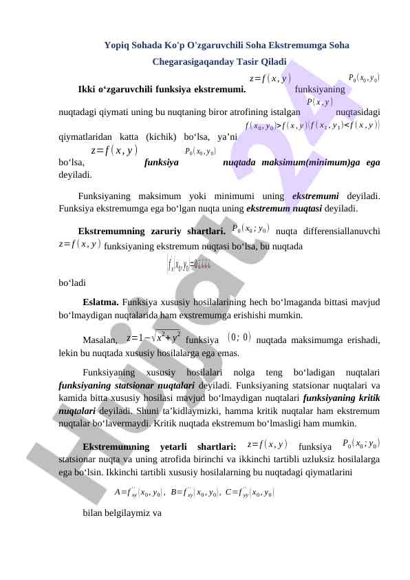 Ekstremumlar va funksiyalar o'zgaruvchan ko'rsatkichlar