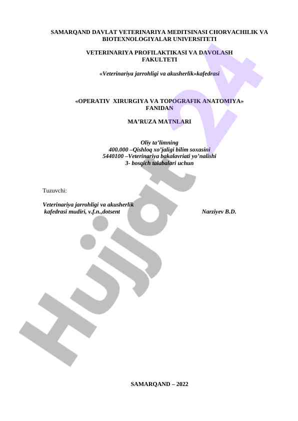 Operativ xirurgiya va topografik anatomiyadan ma'ruzalar