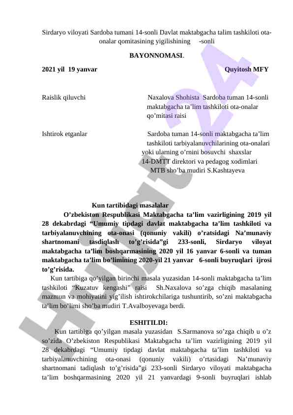 Maktabgacha ta'lim tashkiloti yigilishi bayonnomasi