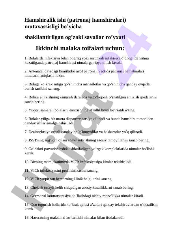 Hamshiralik ishida o‘zaro savollar ro‘yxati