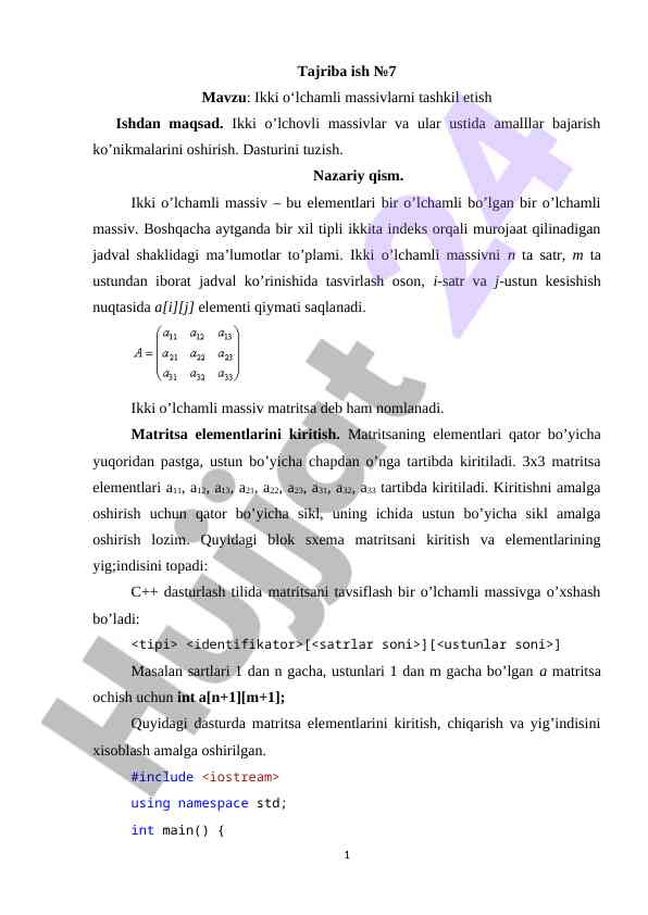 Ikki o‘lchamli massivlarni tashkil etish