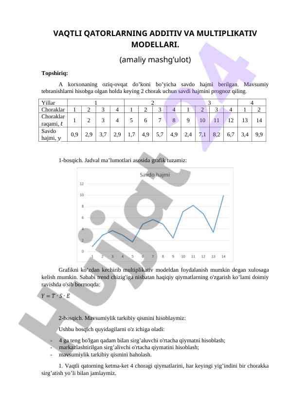 Vaqtli qatorlarning modelleri va prognozlash