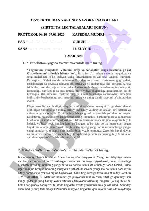 O'zbek tilidan yakuniy nazorat savollari