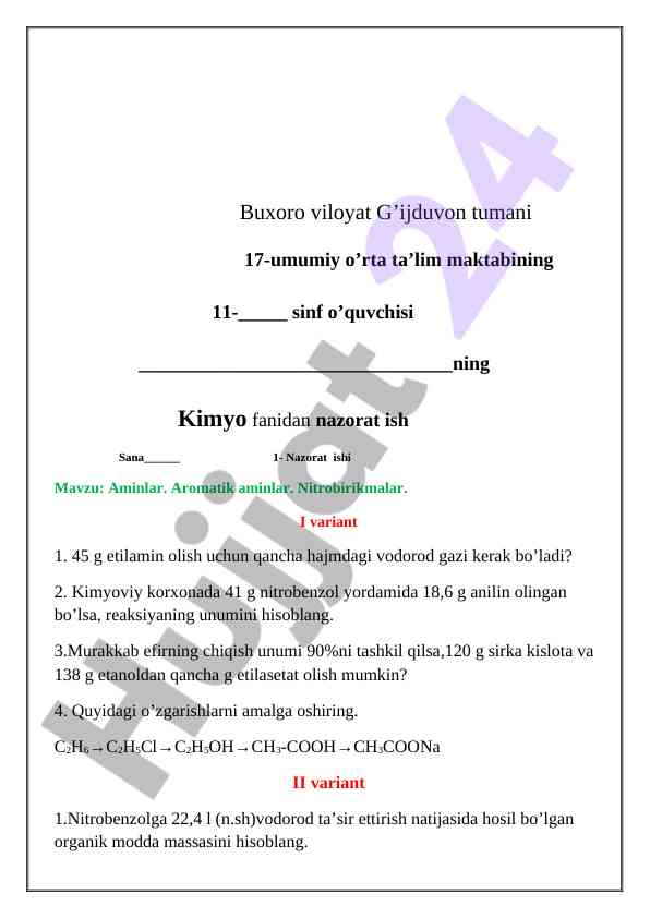 Kimyo fanidan nazorat ish ivarianti