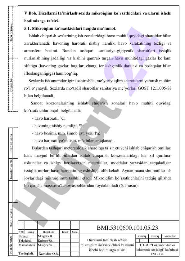 Dizellarni tamirlash sexida mikro ishlash ko'rsatkichlari