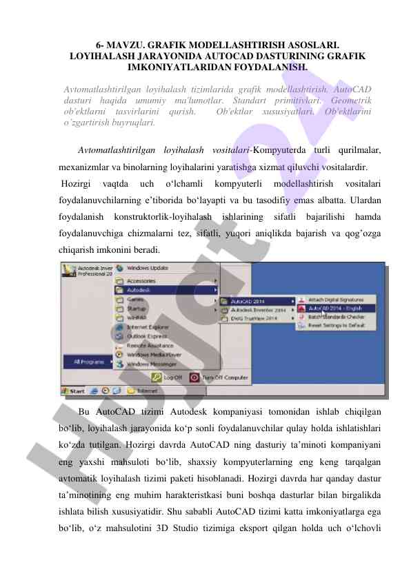 Grafik modellashtirish asoslari va autocad dasturi