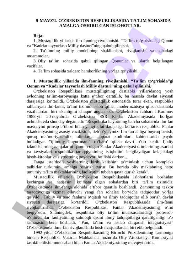 O‘zbekiston ta’lim sohasidagi islohotlar tahlili