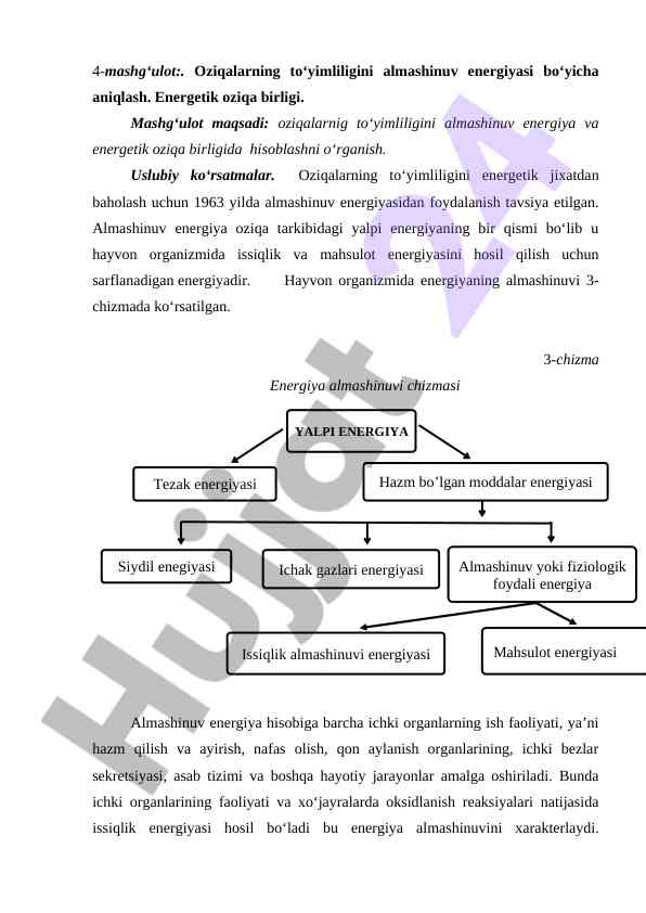 Oziqalarning to‘yimliligini almashinuv energiya hisobi