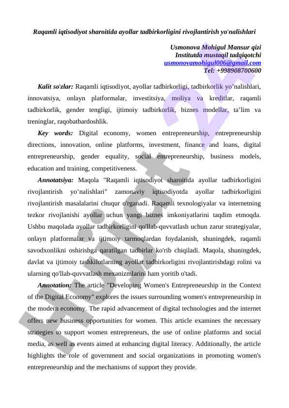 Raqamli iqtisodiyot sharoitida ayollar tadbirkorligini rivojlantirish