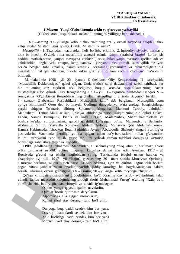 Yangi o‘zbekistonda erkin va g’arovon yashaylik
