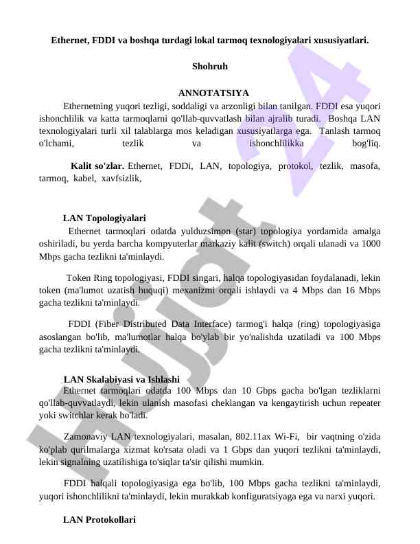 Ethernet va fddi lokal tarmoqlari texnologiyalari