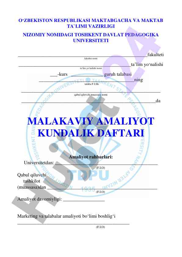 Malakaviy amaliyot kundalik daftari tashkiloti
