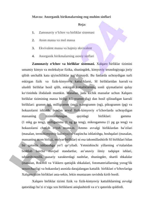 Anorganik birikmalarning eng muhim sinflari