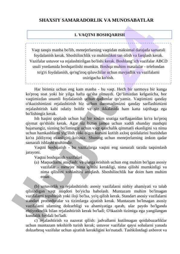 Vaqtni boshqarish bo'yicha samarali yondashuvlar