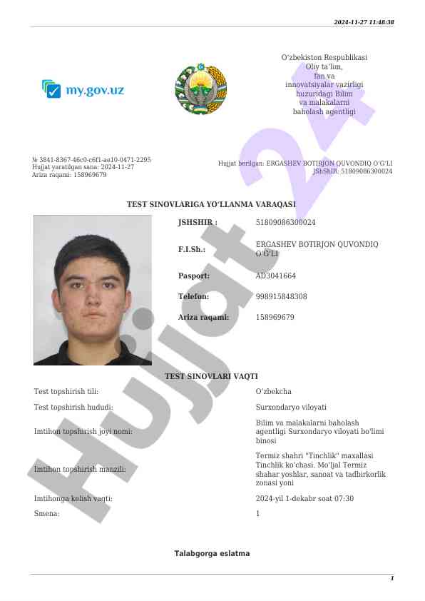 Test sinovlariga yo‘llanma varaqasi 2024