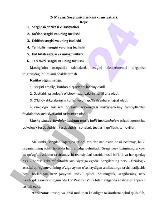 Sezgi psixofizikasi xususiyatlari tahlili