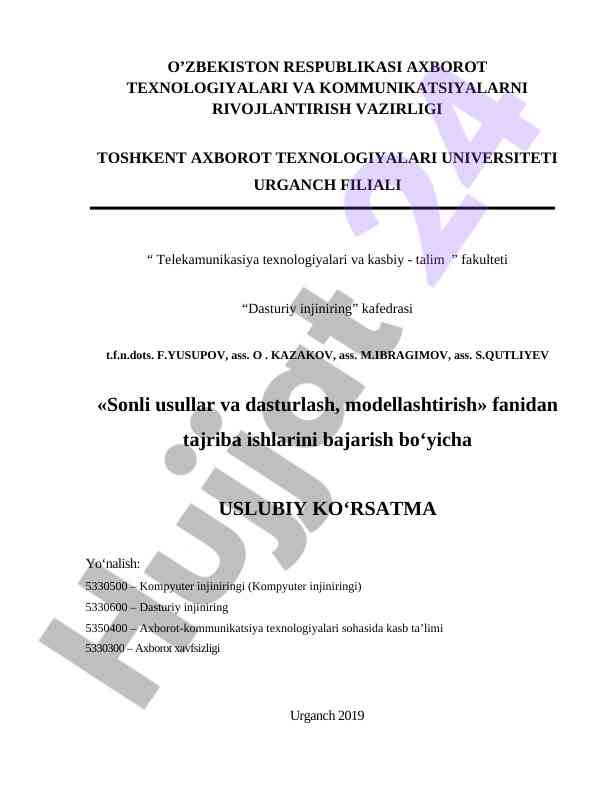 Sonli usullar va dasturlash, modellashtirish uslubiy ko‘rsatma