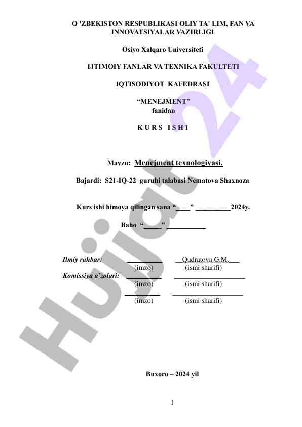Menejment texnologiyasi kurs ishining bajarlishi