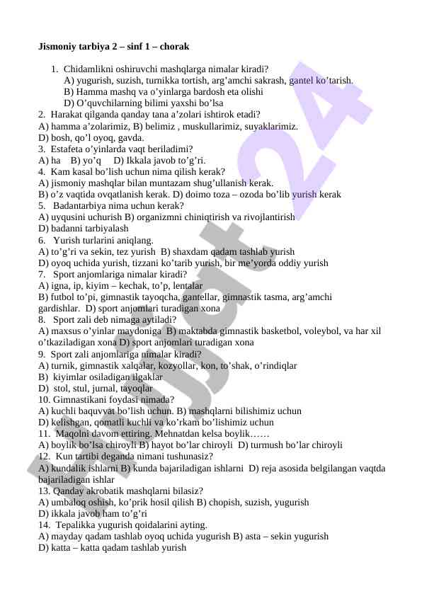 Jismoniy tarbiya mavzulari bo‘yicha qo‘llanma