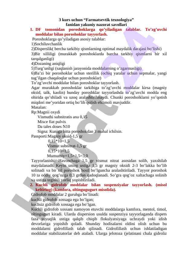 Farmatsevtik texnologiya kursi uchun nazorat savollari