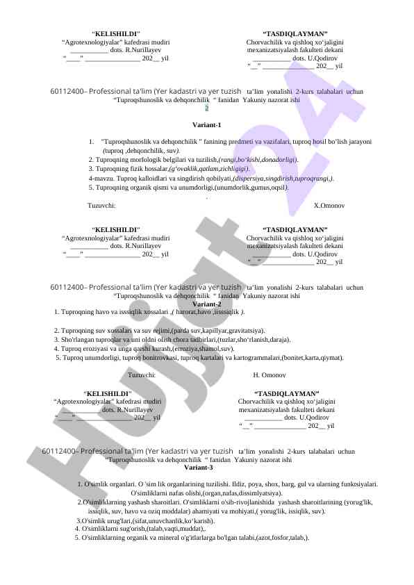 Tuproqshunoslik va dehqonchilik yakuniy nazorat ishlari