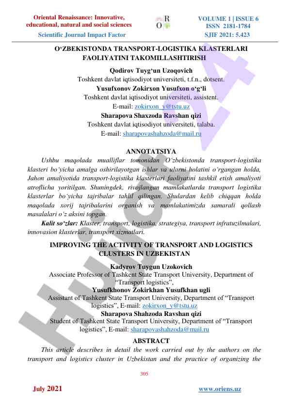O‘zbekiston transport-logistika klasterlari faoliyati