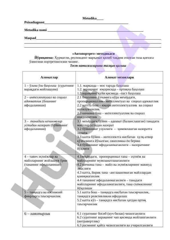 Psixodiagnostika metodikasining avtoportraiti