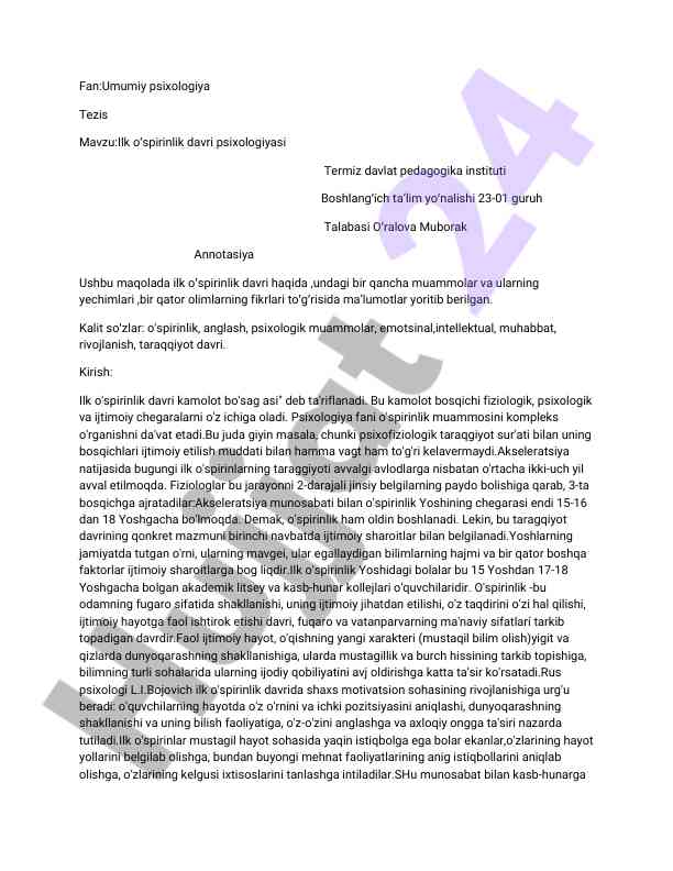 Ilk o'spirinlik davri psixologiyasi