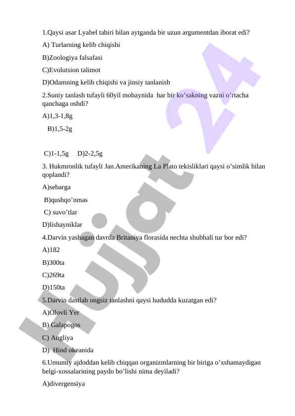 Darvin tarmog‘i va evolutsion nazariyalar testi