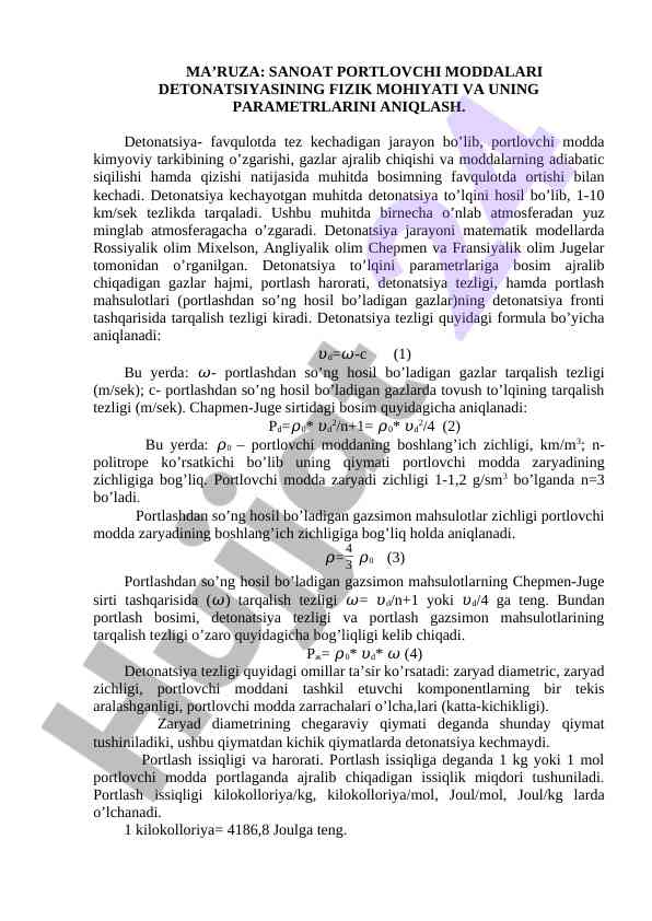 Sanoat portlovchi moddalar detonatsiyasining fizik mohiyati