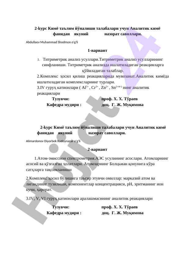 Analitik kimyo fanidan yakuniy nazorat savollari