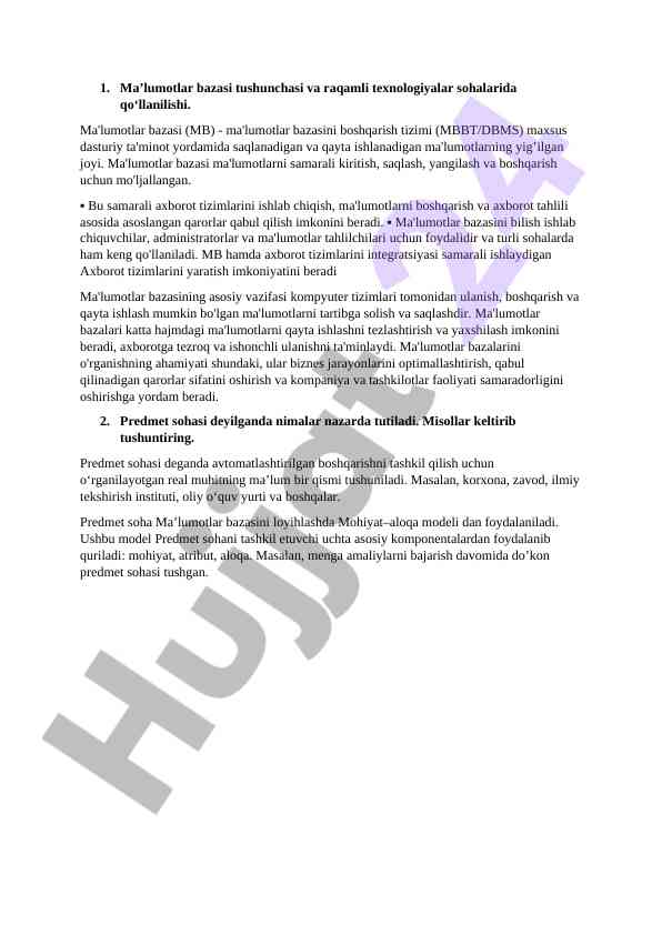 Ma'lumotlar bazasi tushunchasi va raqamli texnologiyalar