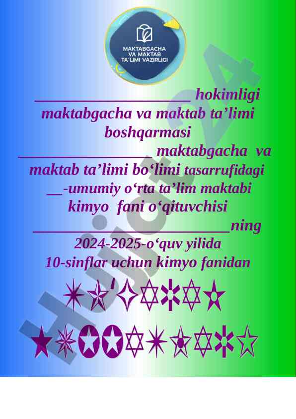 Kimyo fani bo‘yicha 10-sinflar uchun to‘garak ma’lumotlari